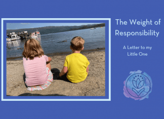 two children sitting by the seas with "The Weight of Responsibility: A Letter to my Little One" in text and MMC logo