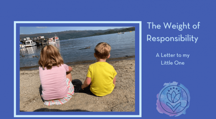 two children sitting by the seas with "The Weight of Responsibility: A Letter to my Little One" in text and MMC logo