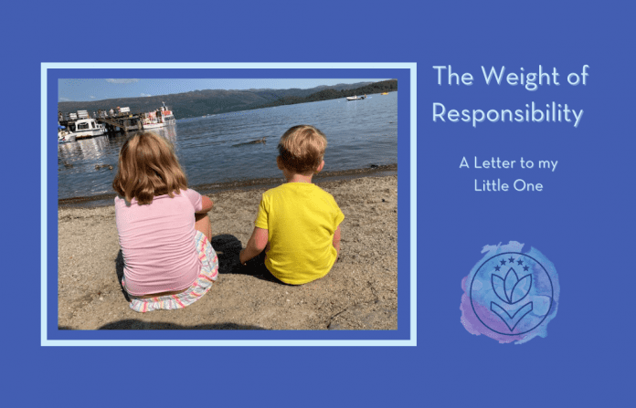 two children sitting by the seas with "The Weight of Responsibility: A Letter to my Little One" in text and MMC logo