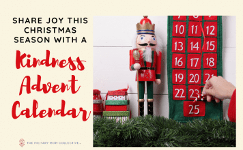 Share Joy this Christmas Season with a Kindness Advent Calendar advent calendar with a nutcracker and pine garland and "Share Joy This Christmas Season with a Kindness Advent Calendar" in text and MMC logo