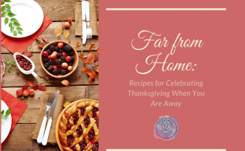 pie and berries with elegant white dishes and silverware on a table. "Far from Home: Recipes for Celebrating Thanksgiving When You Are Away" in text with MMC logo