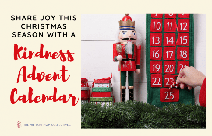 advent calendar with a nutcracker and pine garland and "Share Joy This Christmas Season with a Kindness Advent Calendar" in text and MMC logo