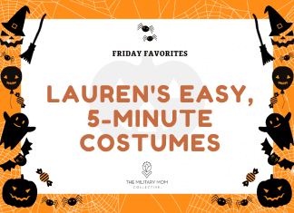 orange background with black jack o lanterns, ghosts, bats, pumpkins, and balloons with "Friday Favorites: Lauren's Easy, 5-Minute Costumes" in text with MMC logo