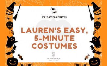 Friday Favorites – Lauren’s Easy, 5-Minute Costumes orange background with black jack o lanterns, ghosts, bats, pumpkins, and balloons with "Friday Favorites: Lauren's Easy, 5-Minute Costumes" in text with MMC logo