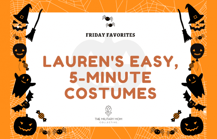 orange background with black jack o lanterns, ghosts, bats, pumpkins, and balloons with "Friday Favorites: Lauren's Easy, 5-Minute Costumes" in text with MMC logo