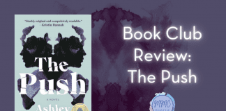 The Push book with a dark purple Rorschach image and "Book Club Review: The Push" in text