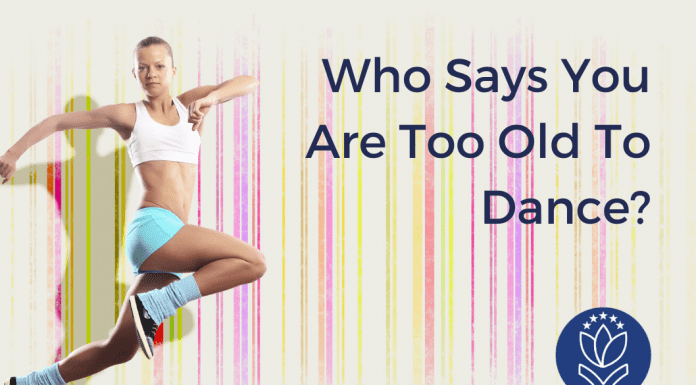 woman leaping in a dance with multicolor stripes and "Who Says You Are Too Old to Dance" in text with MMC logo