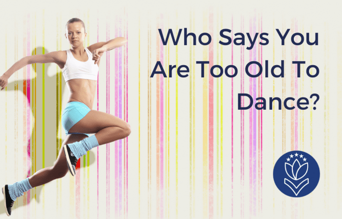 woman leaping in a dance with multicolor stripes and "Who Says You Are Too Old to Dance" in text with MMC logo