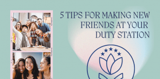 pictures of groups of friends with "5 Tips For Making New Friends at Your Duty Station" in text with MMC logo on a teal background and watercolor heart shape