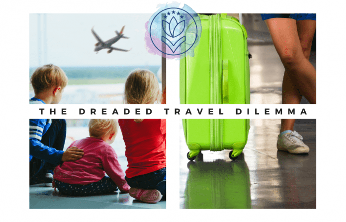 children waiting in airport and a travel case with "The Dreaded Travel Dilemma" in text and MMC logo