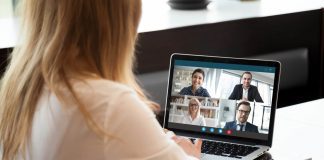 Virtually Possible: Spouses with Mobile Careers Woman working remote and in a virtual meeting