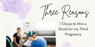 3 Reasons I Chose to Hire a Doula for my 3rd Pregnancy doula and a pregnant woman using a inflatable ball with purple ink elements and "Three Reasons I Chose to Hire a Doula for my 3rd Pregnancy" in text and MMC logo