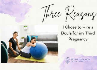 doula and a pregnant woman using a inflatable ball with purple ink elements and "Three Reasons I Chose to Hire a Doula for my 3rd Pregnancy" in text and MMC logo