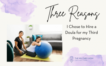 doula and a pregnant woman using a inflatable ball with purple ink elements and "Three Reasons I Chose to Hire a Doula for my 3rd Pregnancy" in text and MMC logo