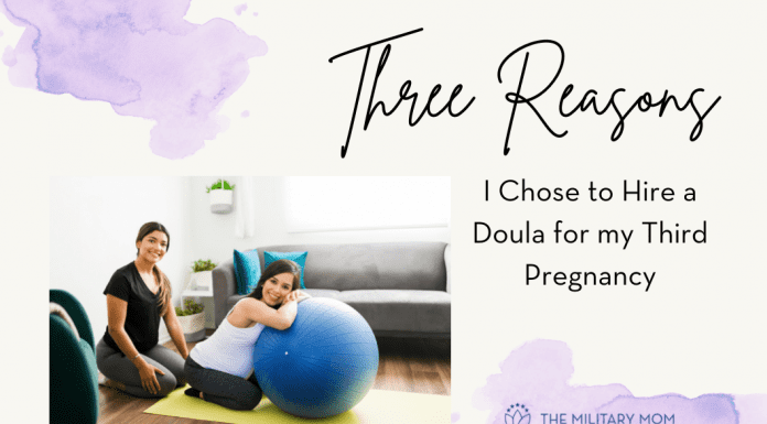 doula and a pregnant woman using a inflatable ball with purple ink elements and "Three Reasons I Chose to Hire a Doula for my 3rd Pregnancy" in text and MMC logo