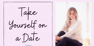 Take Yourself on a Date woman sitting alone with candles and "Take Yourself on a Date" in text with MMC logo