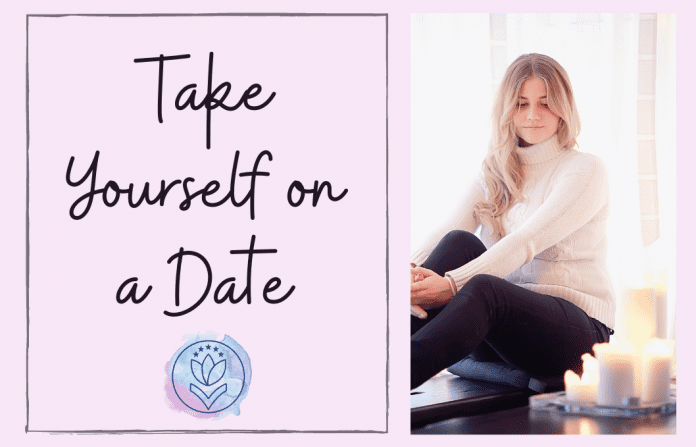 Take Yourself on a Date woman sitting alone with candles and "Take Yourself on a Date" in text with MMC logo