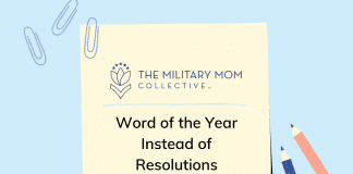 Word of the Year Instead of Resolutions a blue background with a sheet of paper with the MMC logo and "Word of the Year Instead of Resolutions" in text, paper clips and blue and red pens on the sides