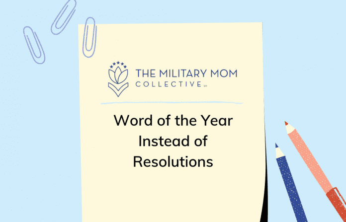 a blue background with a sheet of paper with the MMC logo and "Word of the Year Instead of Resolutions" in text, paper clips and blue and red pens on the sides