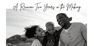 A Reunion Two Years in the Making family laughing together in a black and white photo with "A Reunion Two Years in the Making" in text and MMC logo