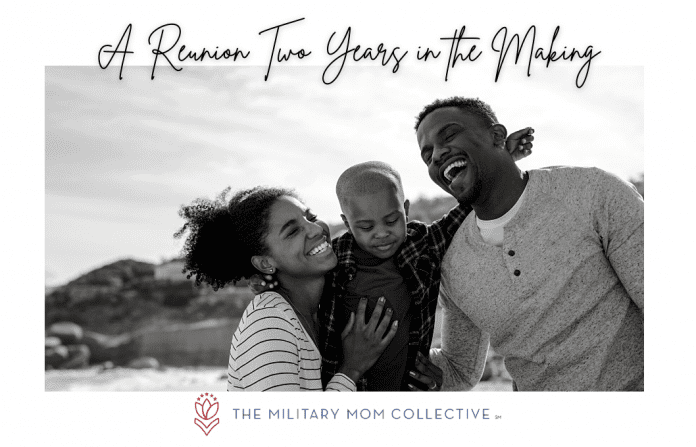 family laughing together in a black and white photo with "A Reunion Two Years in the Making" in text and MMC logo