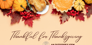 Thankful for Thanksgiving: An Outsider’s View Thanksgiving meal with pumpkin and leaf accents with "Thankful for Thanksgiving: An Outsider's View" in text with MMC logo