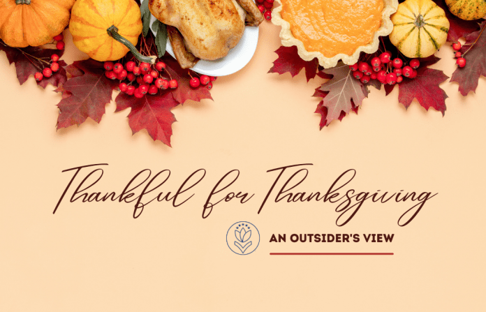 Thanksgiving meal with pumpkin and leaf accents with "Thankful for Thanksgiving: An Outsider's View" in text with MMC logo