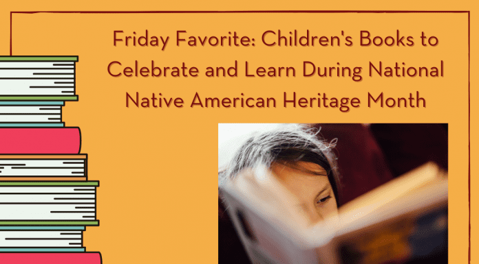 golden yellow background with a stack of books on the left, a photo of child reading, and "Friday Favorite: Children's Books to Celebrate and Learn During National Native American Heritage Month" in text