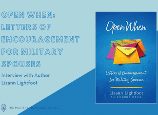 Open When: Letters of Encouragement for Military Spouses Interview with Lizann Lightfoot" in text with the book of that title and MMC logo on light blue and blue background