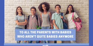 group of teenagers standing against a brick wall. "To All The Parents With Babies Who Aren't Quite Babies Anymore" in text with MMC logo