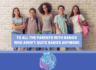 group of teenagers standing against a brick wall. "To All The Parents With Babies Who Aren't Quite Babies Anymore" in text with MMC logo