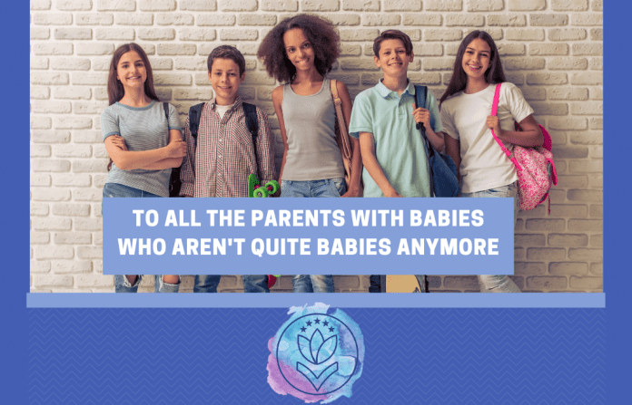 group of teenagers standing against a brick wall. "To All The Parents With Babies Who Aren't Quite Babies Anymore" in text with MMC logo