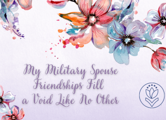 pale purple watercolor and floral design with blues and pinks and "My Military Spouse Friendships Fill a Void Like No Other" in cursive text and MMC logo