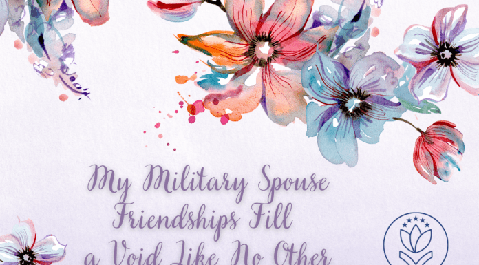 pale purple watercolor and floral design with blues and pinks and "My Military Spouse Friendships Fill a Void Like No Other" in cursive text and MMC logo