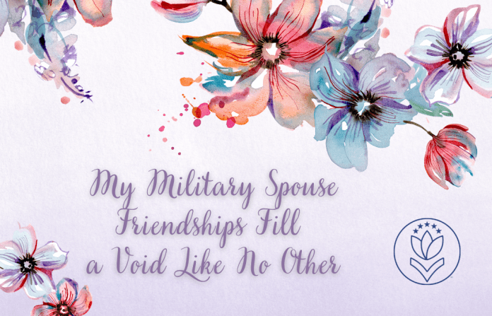 pale purple watercolor and floral design with blues and pinks and "My Military Spouse Friendships Fill a Void Like No Other" in cursive text and MMC logo