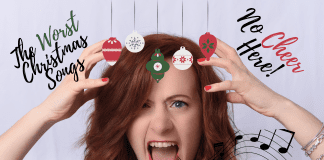 The Worst Christmas Songs That Take Away My Holiday Cheer A woman is screaming with music notes coming out of her mouth from Christmas songs she doesn't like