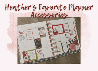 planner with stickers and "Heather's Favorite Planner Accessories" in text