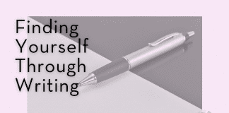 Finding Yourself Through Writing pen on a greyscale background "Finding Yourself Through Writing" in text and MMC logo