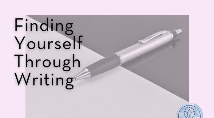 pen on a greyscale background "Finding Yourself Through Writing" in text and MMC logo