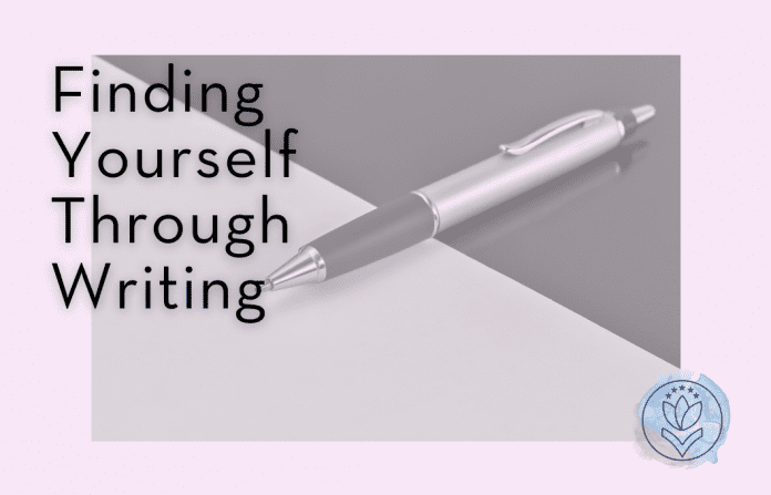 pen on a greyscale background "Finding Yourself Through Writing" in text and MMC logo