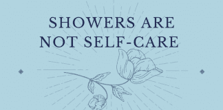 medium blue background with a radiant teal blue design and stemmed flower and "Showers Are Not Self-Care: My Month-Long Challenge" in text