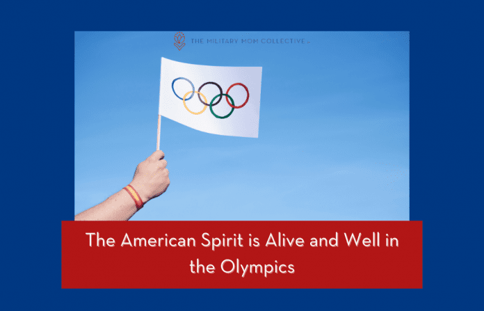 Olympics person holding a flag with the Olympic rings with "The American Spirit is Alive and Well in the Olympics" in text with MMC logo