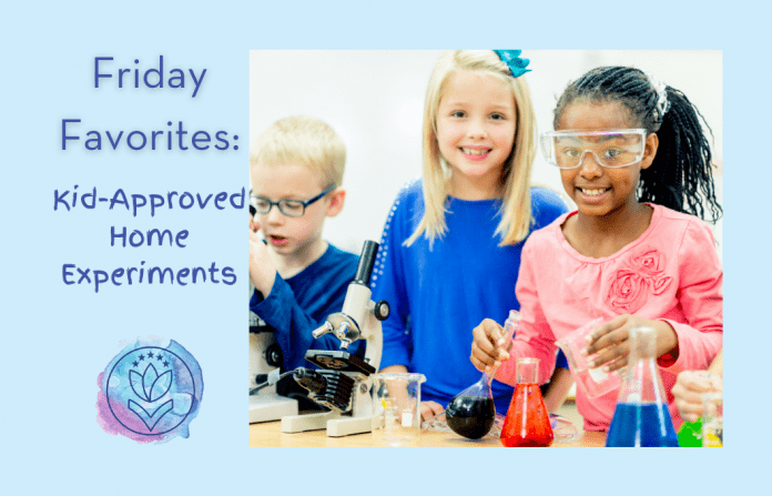 elementary aged kids doing science experiments with "Friday Favorites: Kid-Approved Home Experiments" in text and MMC logo