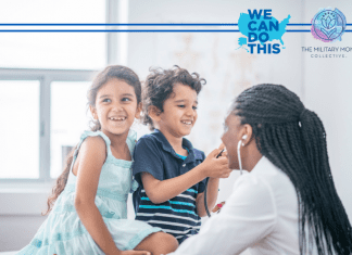 two Hispanic children with a Black female doctor in a brightly lit office with "We Can Do This" and MMC logos