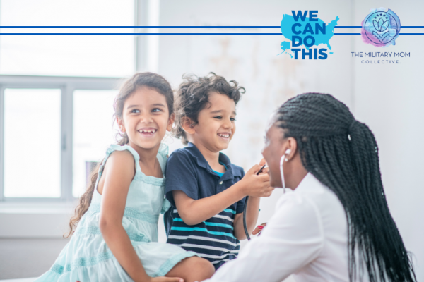 two Hispanic children with a Black female doctor in a brightly lit office with "We Can Do This" and MMC logos