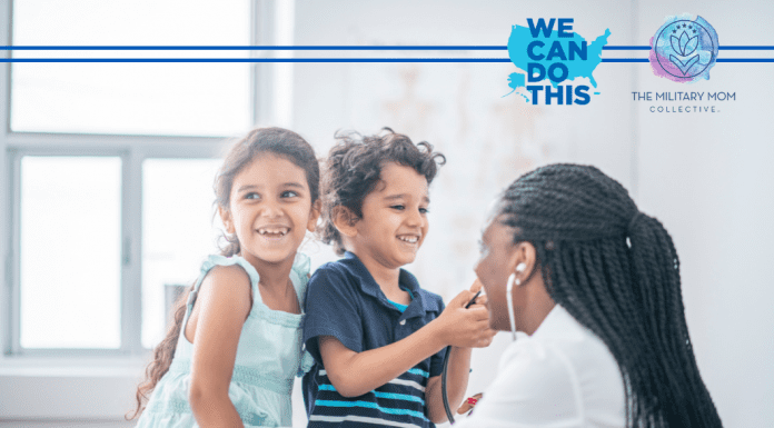 two Hispanic children with a Black female doctor in a brightly lit office with "We Can Do This" and MMC logos