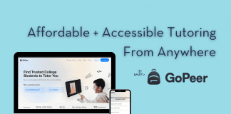 cyan background with navy stripe and "Affordable + Accessible Tutoring From Anywhere With GoPeer" in text and a computer and phone with GoPeer screens