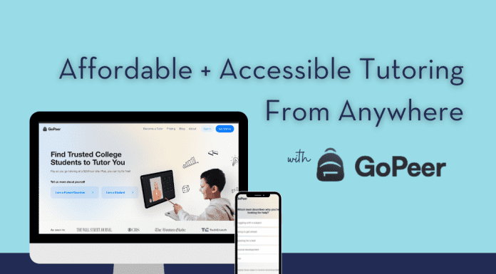 cyan background with navy stripe and "Affordable + Accessible Tutoring From Anywhere With GoPeer" in text and a computer and phone with GoPeer screens