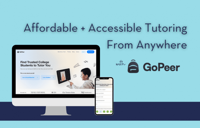 cyan background with navy stripe and "Affordable + Accessible Tutoring From Anywhere With GoPeer" in text and a computer and phone with GoPeer screens