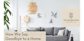 How We Say Goodbye to a Home as a Military Family neutral themed living room with grey sofa and green plants with "How We Say Goodbye to a Home as a Military Family" in text and MMC logo